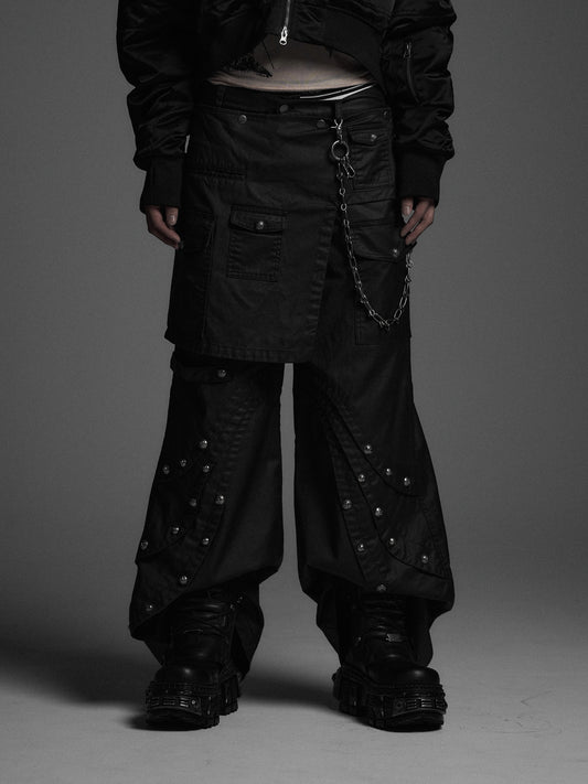 【ROSEN KREUZ】DOCKING SKIRT FLARE WIDE PANTS ( WAXED BLACK )