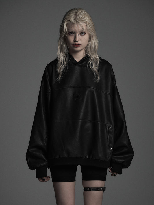 【ROSEN KREUZ】VINTAGE LEATHER SHIRRING HOODIE (BLACK)