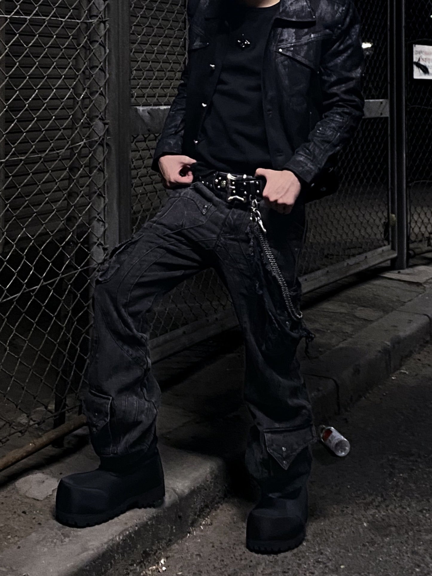 【RICH】Grey Wash Cargo Flare Pants