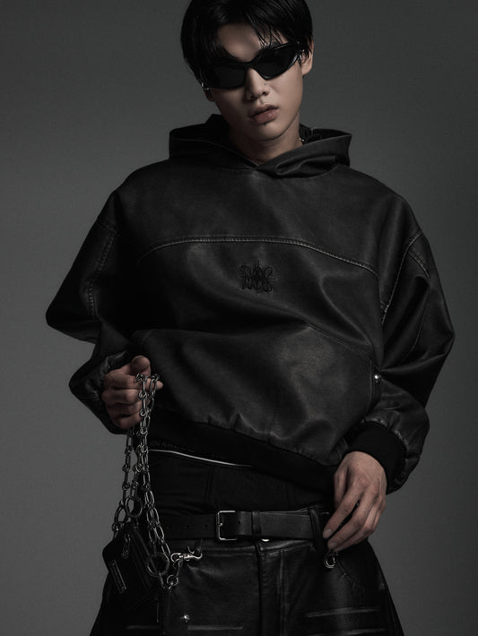 【ROSEN KREUZ】VINTAGE LEATHER SHIRRING HOODIE (WASHED GRAY)