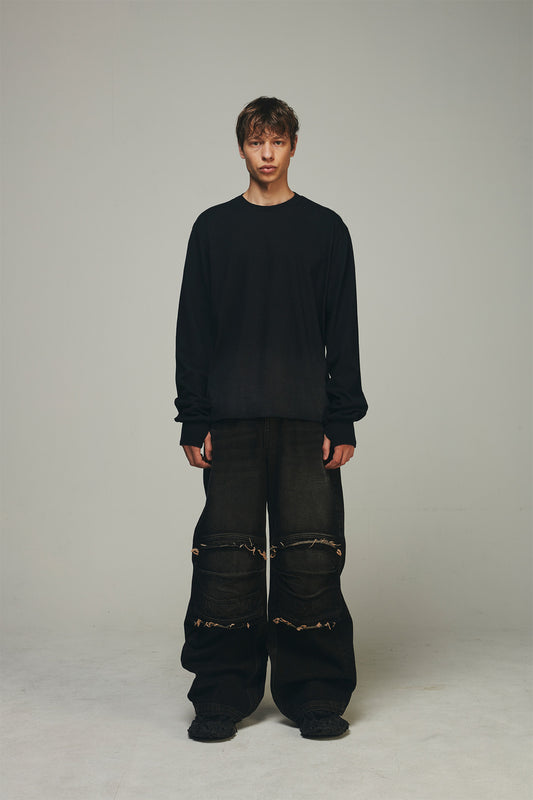 【BLR BLUER】KNEE POINT WASHED DENIM PANTS BROWN
