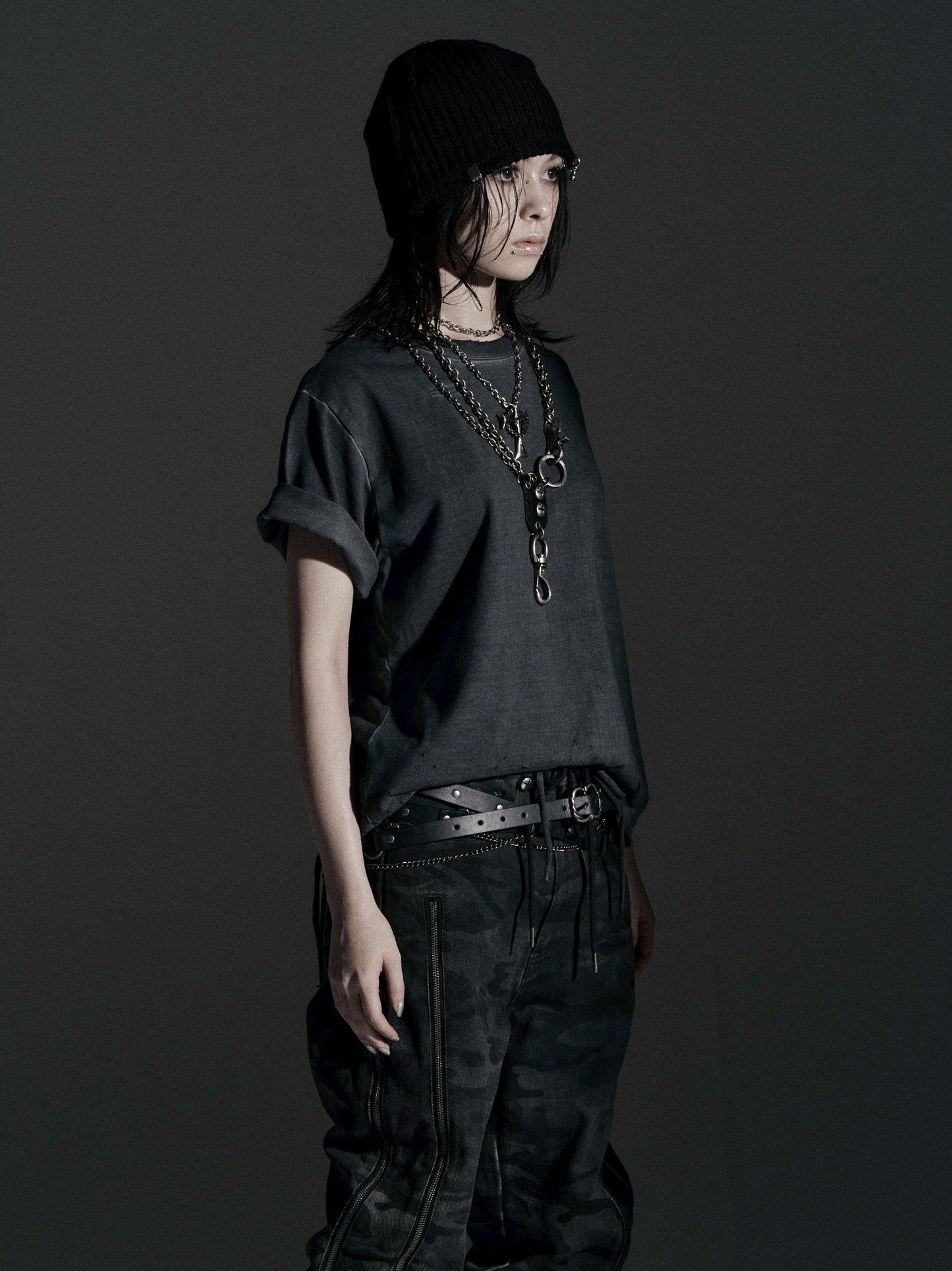 【ROSEN KREUZ】BOXY FIT LAYERED DAMAGE TEE (Dirty gray)