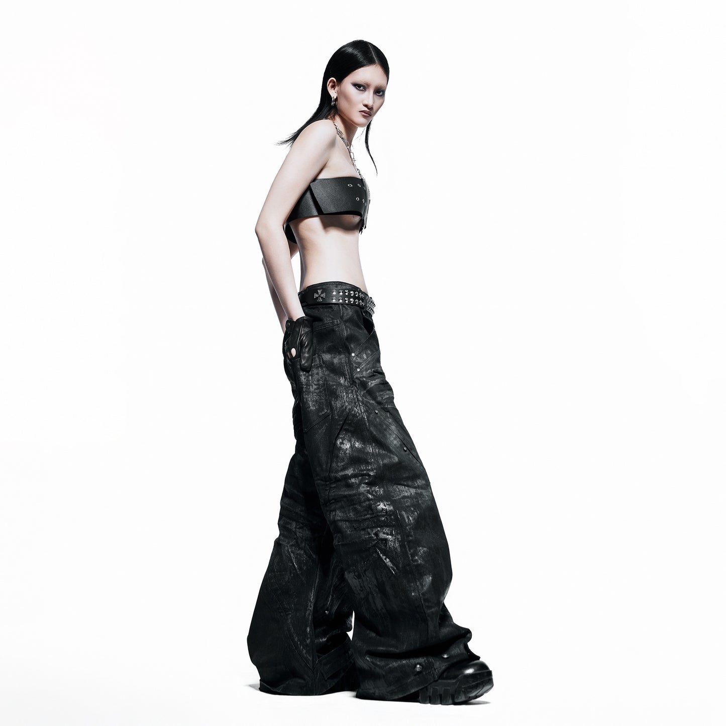【RICH】Black Waxed S-Wide Pants