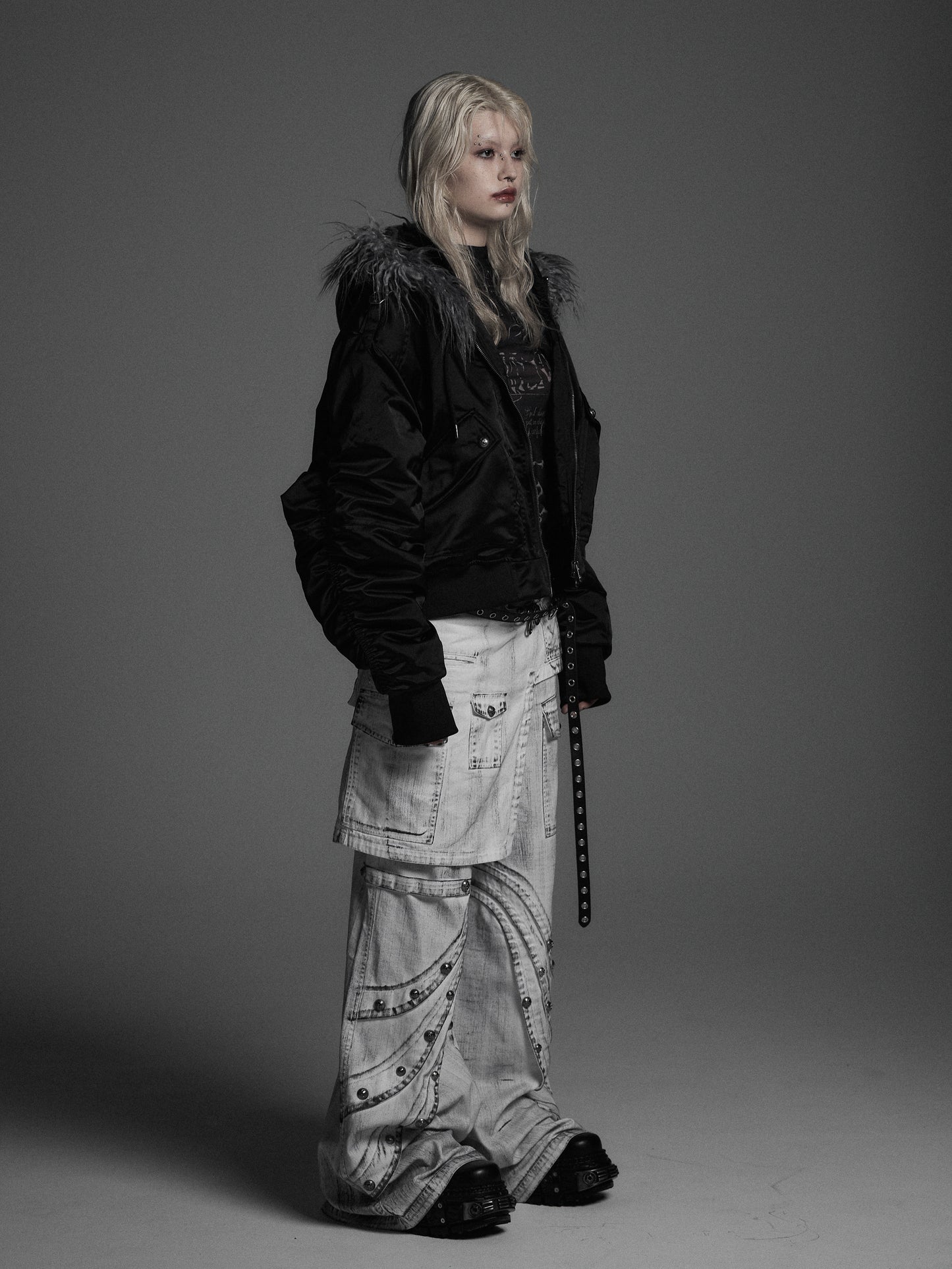 【ROSEN KREUZ】DOCKING SKIRT FLARE WIDE PANTS ( WASHED WHITE)