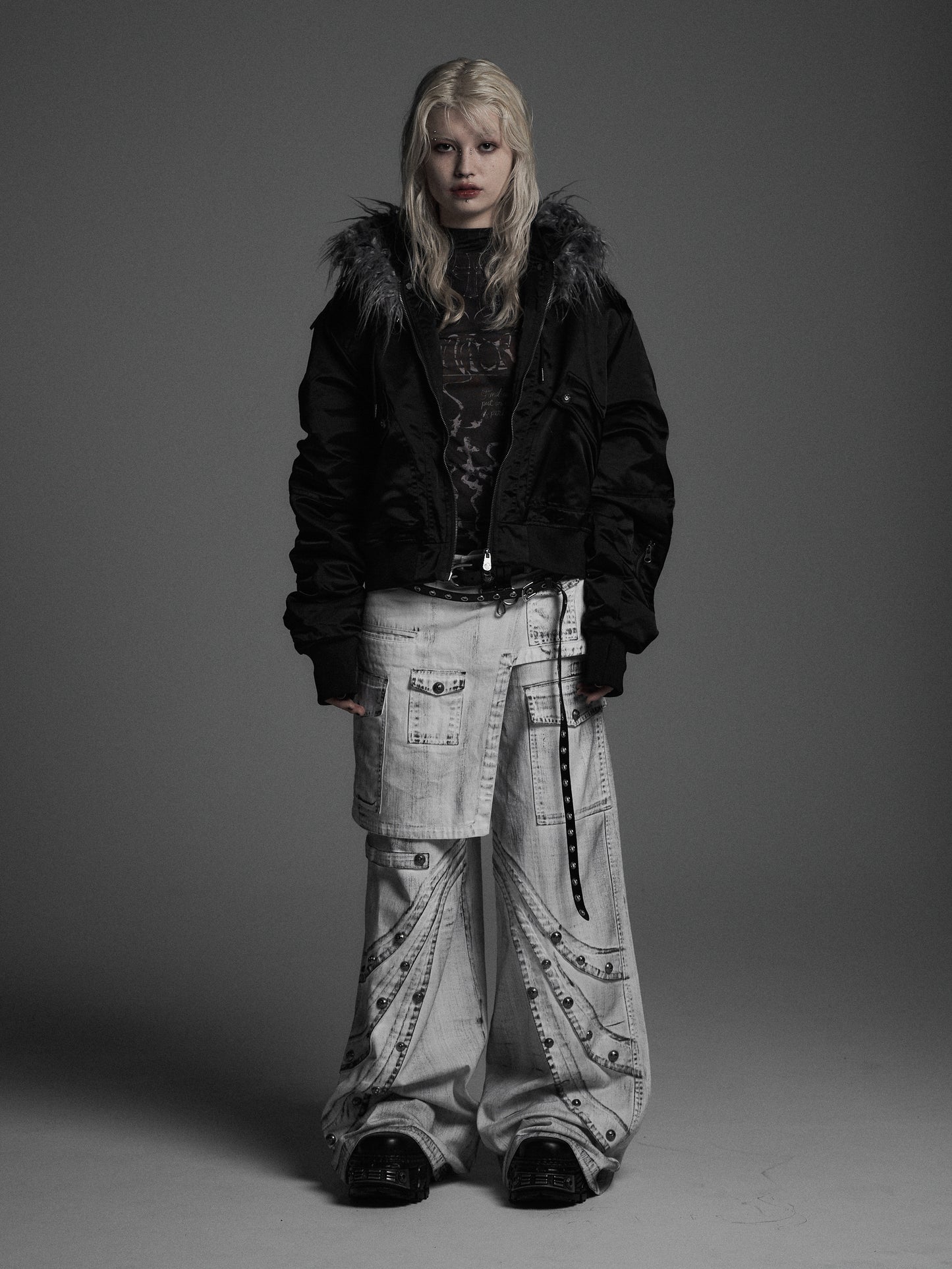 【ROSEN KREUZ】DOCKING SKIRT FLARE WIDE PANTS ( WASHED WHITE)