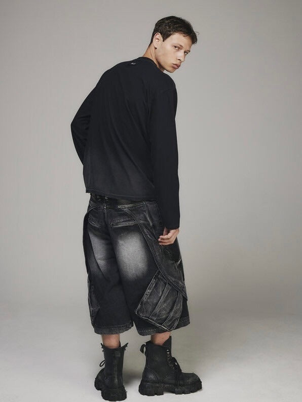【BLR BLUER】CURVED COVER CARGO BERMUDA WASHING DENIM PANTS