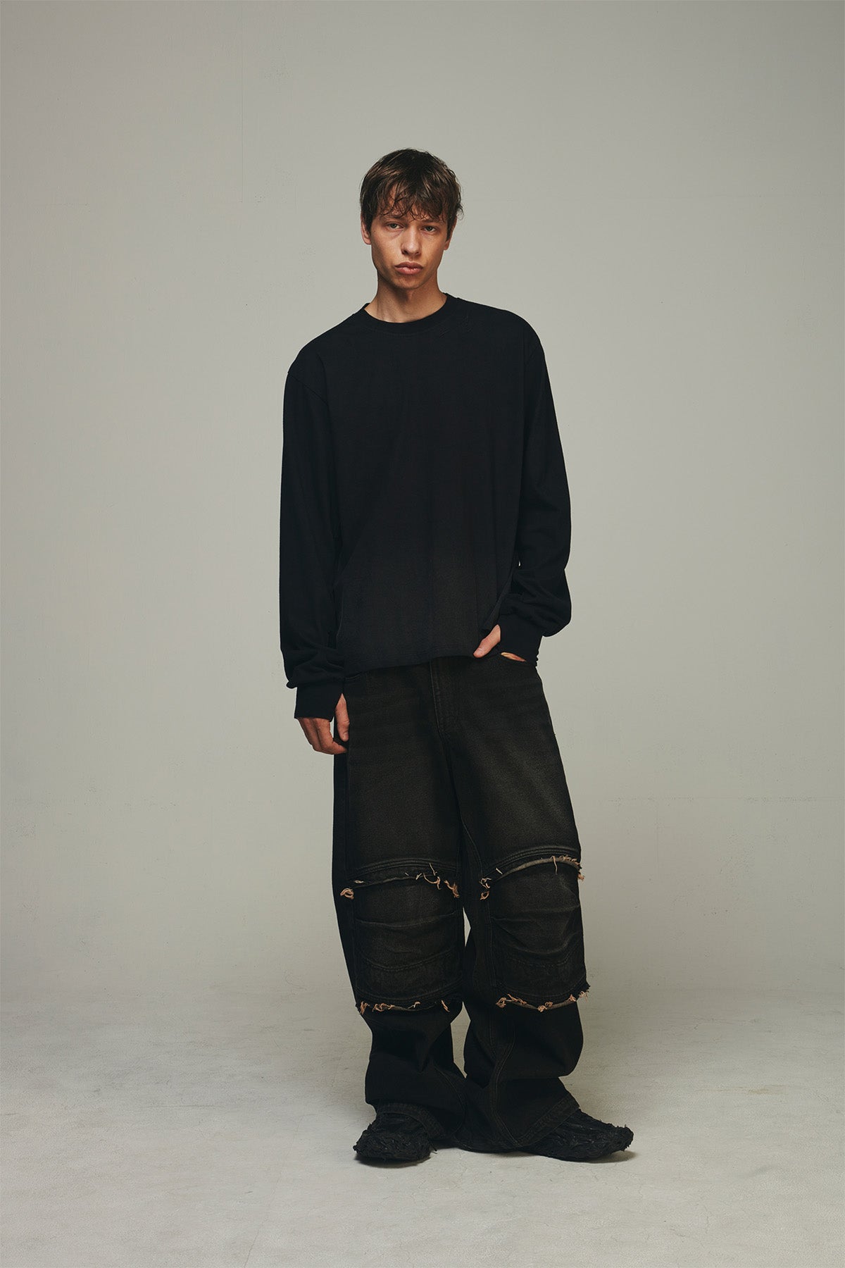 【BLR BLUER】KNEE POINT WASHED DENIM PANTS BROWN