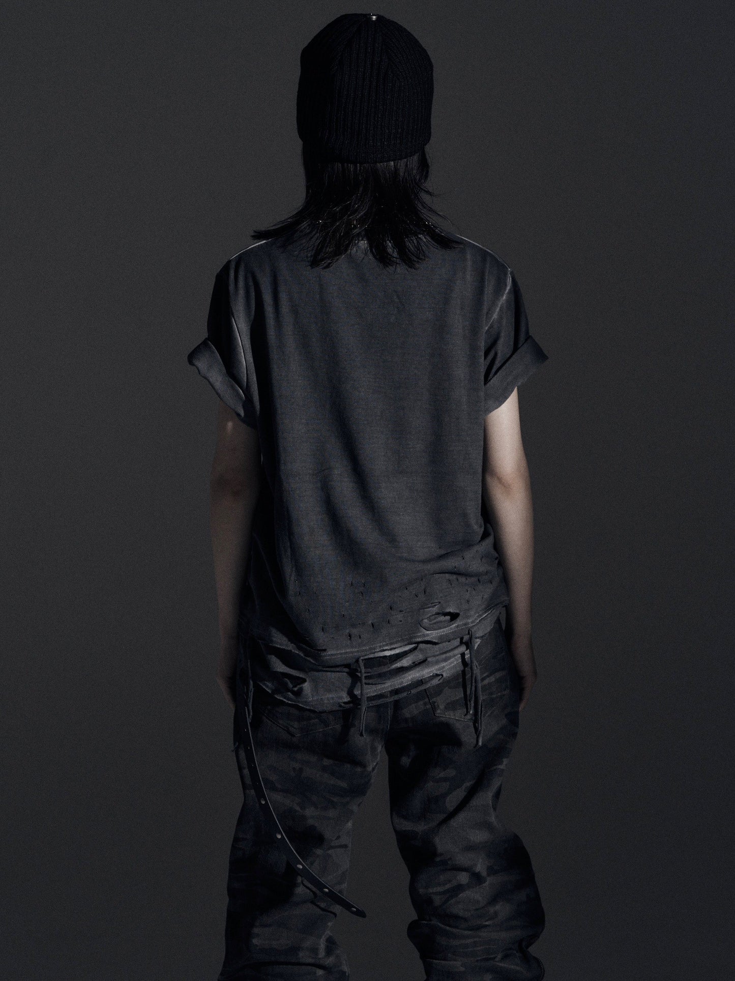【ROSEN KREUZ】BOXY FIT LAYERED DAMAGE TEE (Dirty gray)