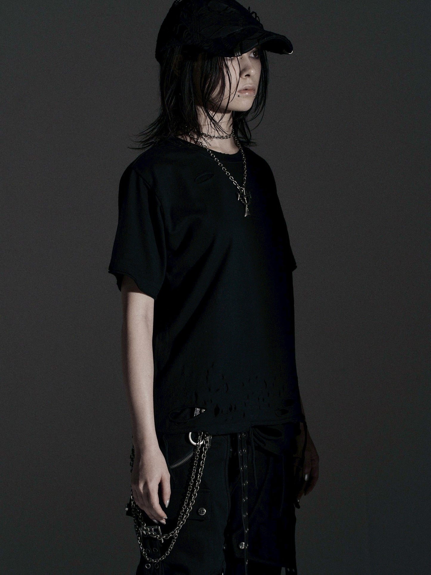 【ROSEN KREUZ】BOXY FIT LAYERED DAMAGE TEE (Black)