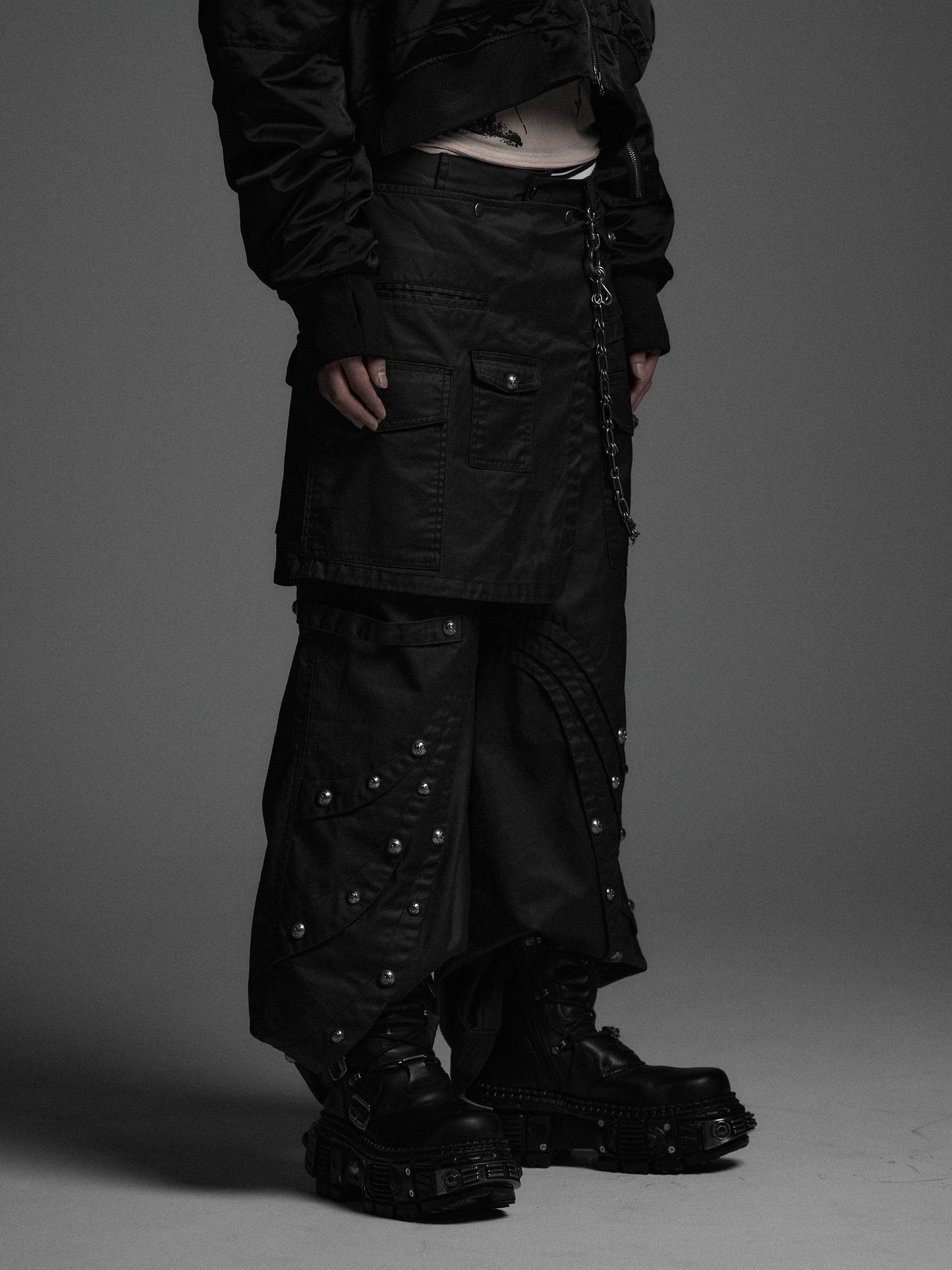 【ROSEN KREUZ】DOCKING SKIRT FLARE WIDE PANTS ( WAXED BLACK )