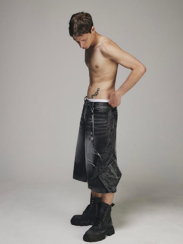 【BLR BLUER】CURVED COVER CARGO BERMUDA WASHING DENIM PANTS