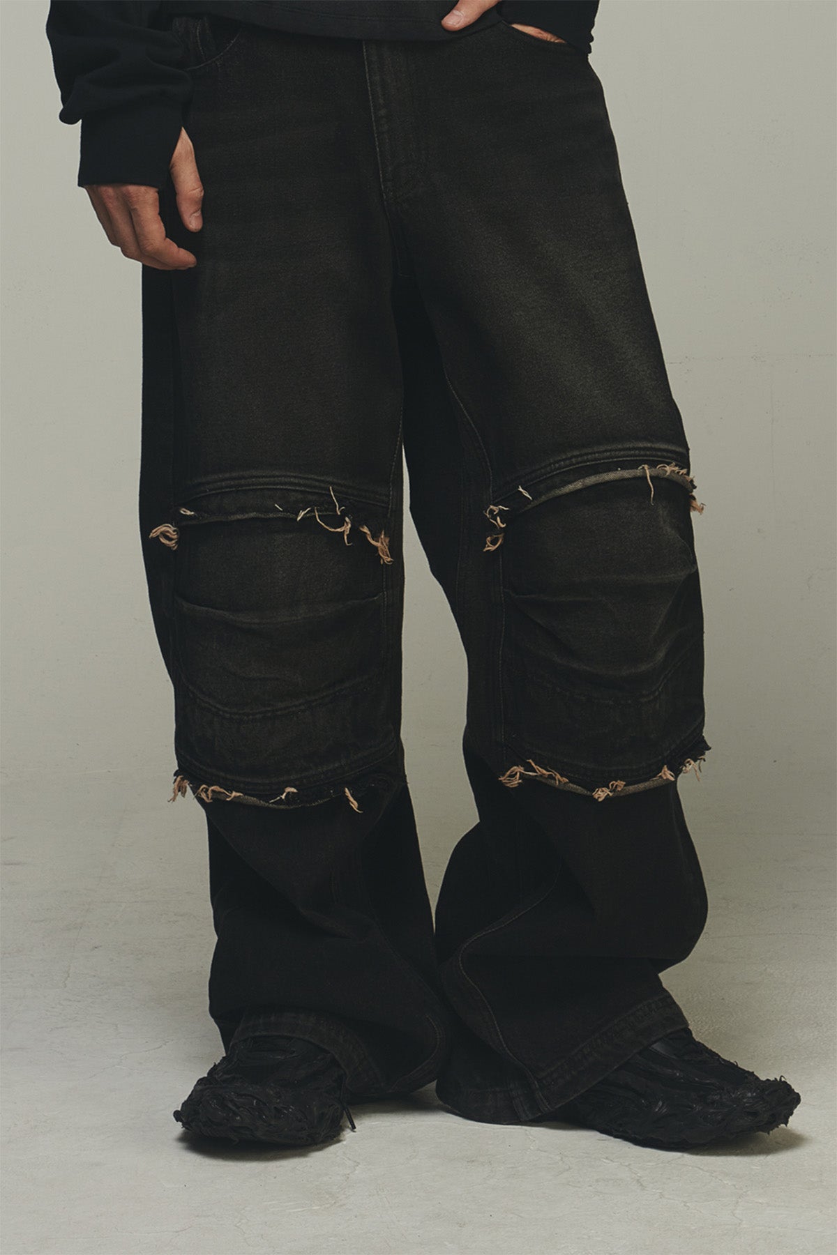 【BLR BLUER】KNEE POINT WASHED DENIM PANTS BROWN