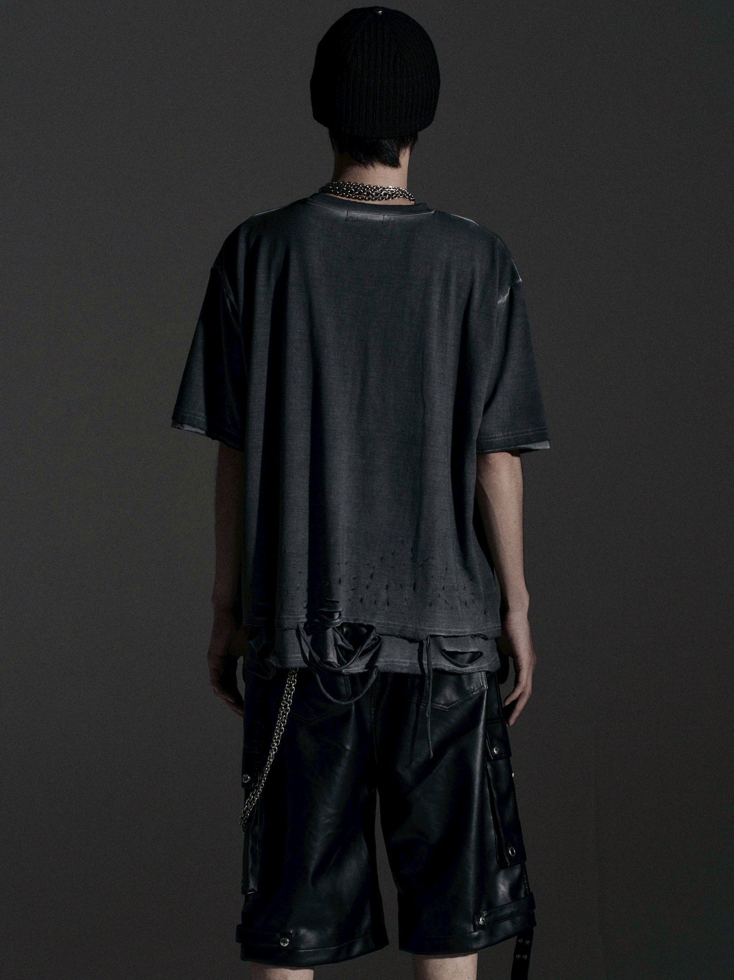 【ROSEN KREUZ】BOXY FIT LAYERED DAMAGE TEE (Dirty gray)