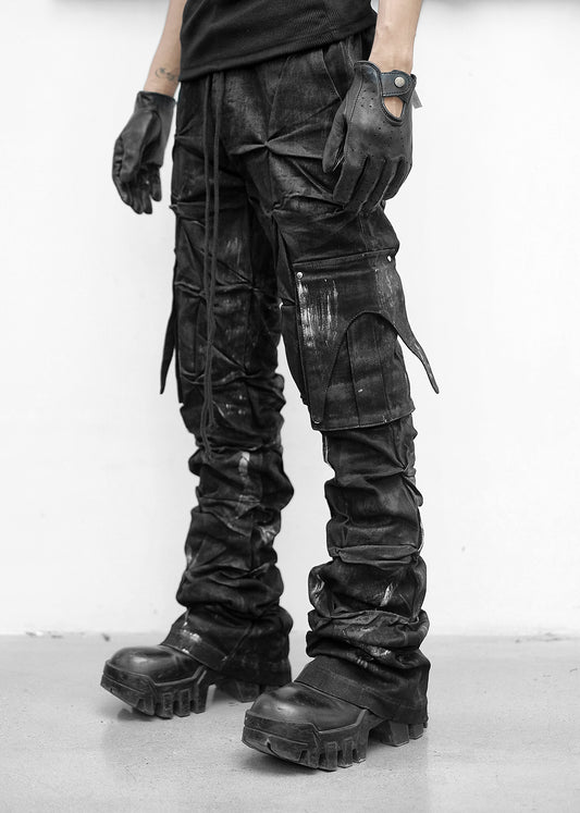 【RICH】Black Waxed Expansion Pants