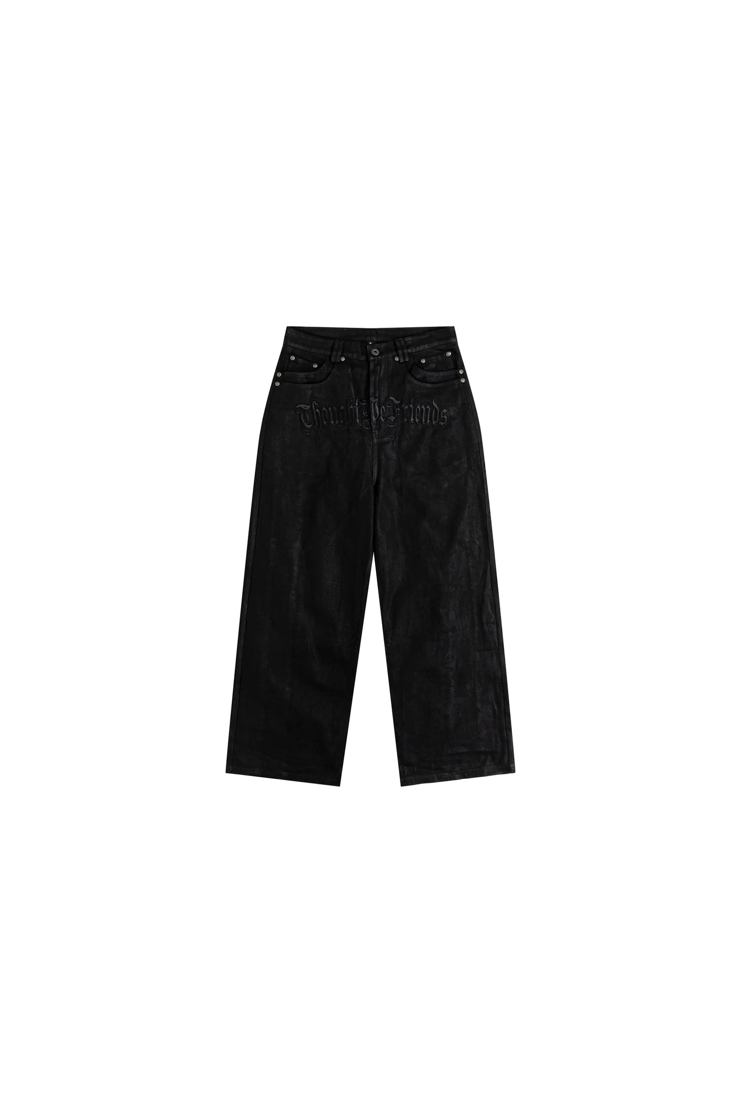 【THOUGHT WE FRIENDS】"Lucius" Embroidered Waxed Baggy Denims in Black