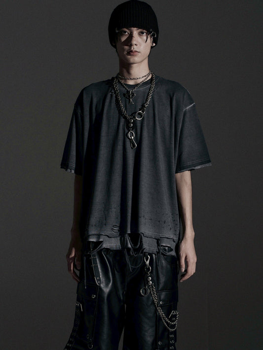 【ROSEN KREUZ】BOXY FIT LAYERED DAMAGE TEE (Dirty gray)