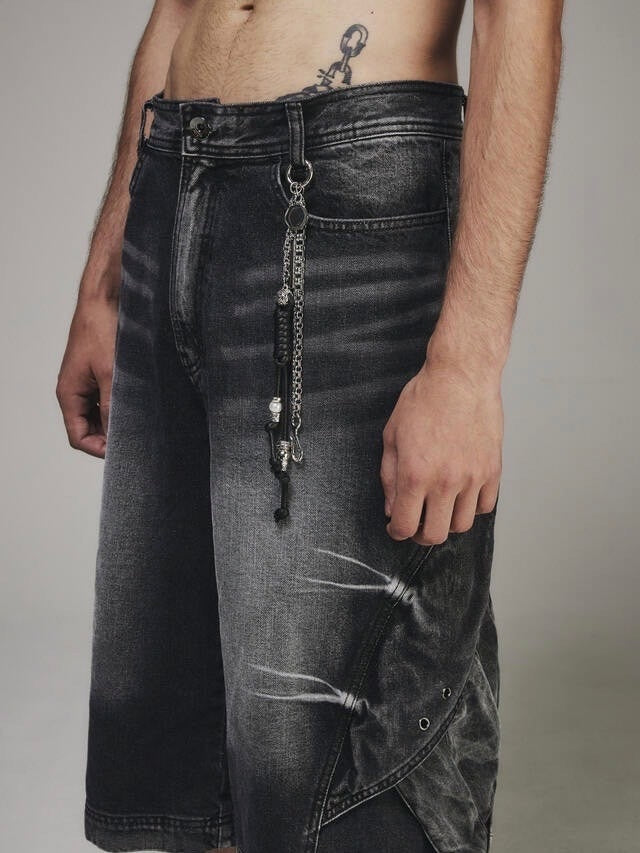【BLR BLUER】CURVED COVER CARGO BERMUDA WASHING DENIM PANTS