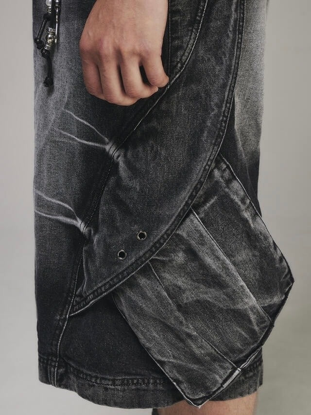 【BLR BLUER】CURVED COVER CARGO BERMUDA WASHING DENIM PANTS