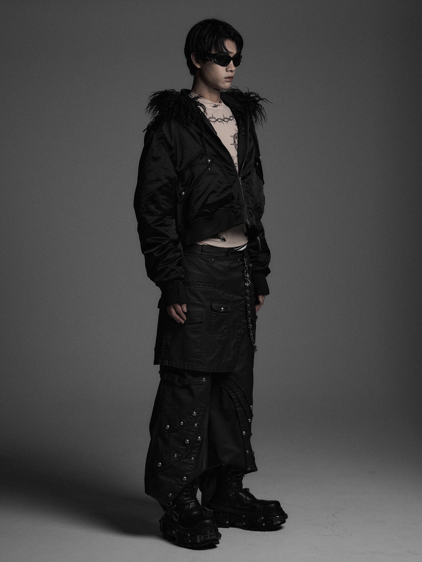 【ROSEN KREUZ】DOCKING SKIRT FLARE WIDE PANTS ( WAXED BLACK )
