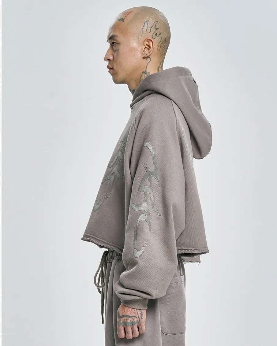 【AJOBYAJO】Tribal AJO Applique Cropped Hoodie (CHARCOAL)