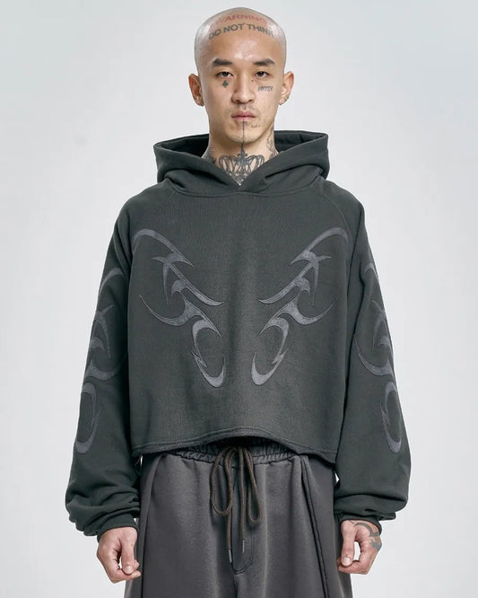 【AJOBYAJO】Tribal AJO Applique Cropped Hoodie (DUSTY)