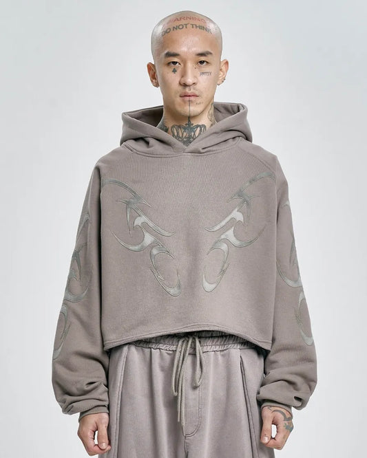【AJOBYAJO】Tribal AJO Applique Cropped Hoodie (CHARCOAL)