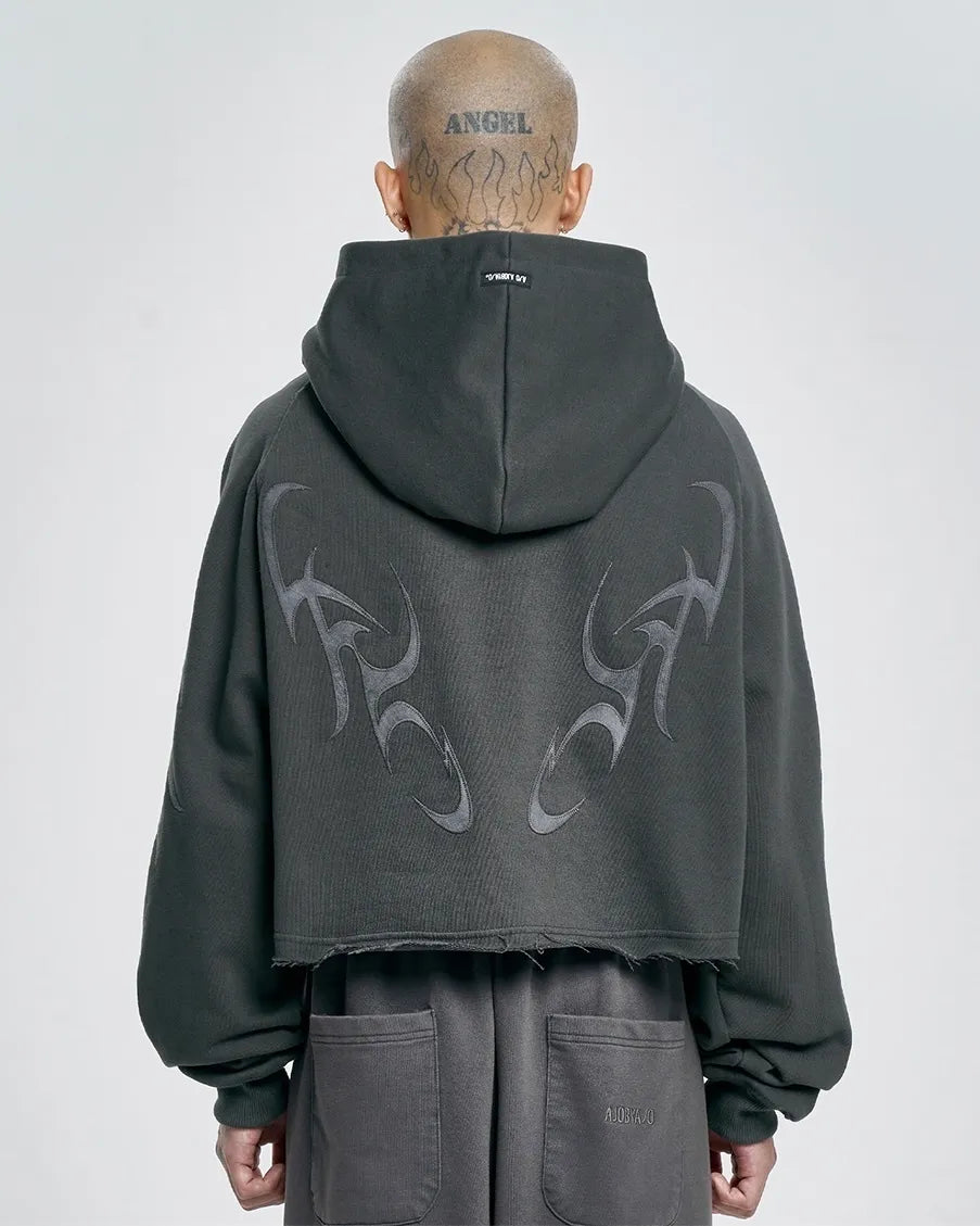 【AJOBYAJO】Tribal AJO Applique Cropped Hoodie (DUSTY)