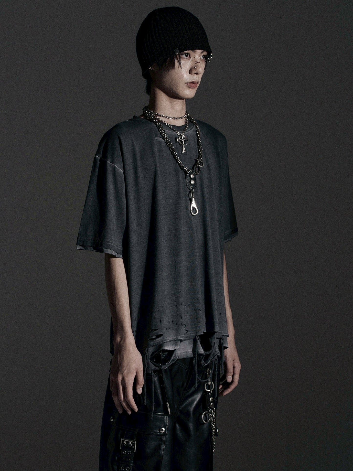 【ROSEN KREUZ】BOXY FIT LAYERED DAMAGE TEE (Dirty gray)