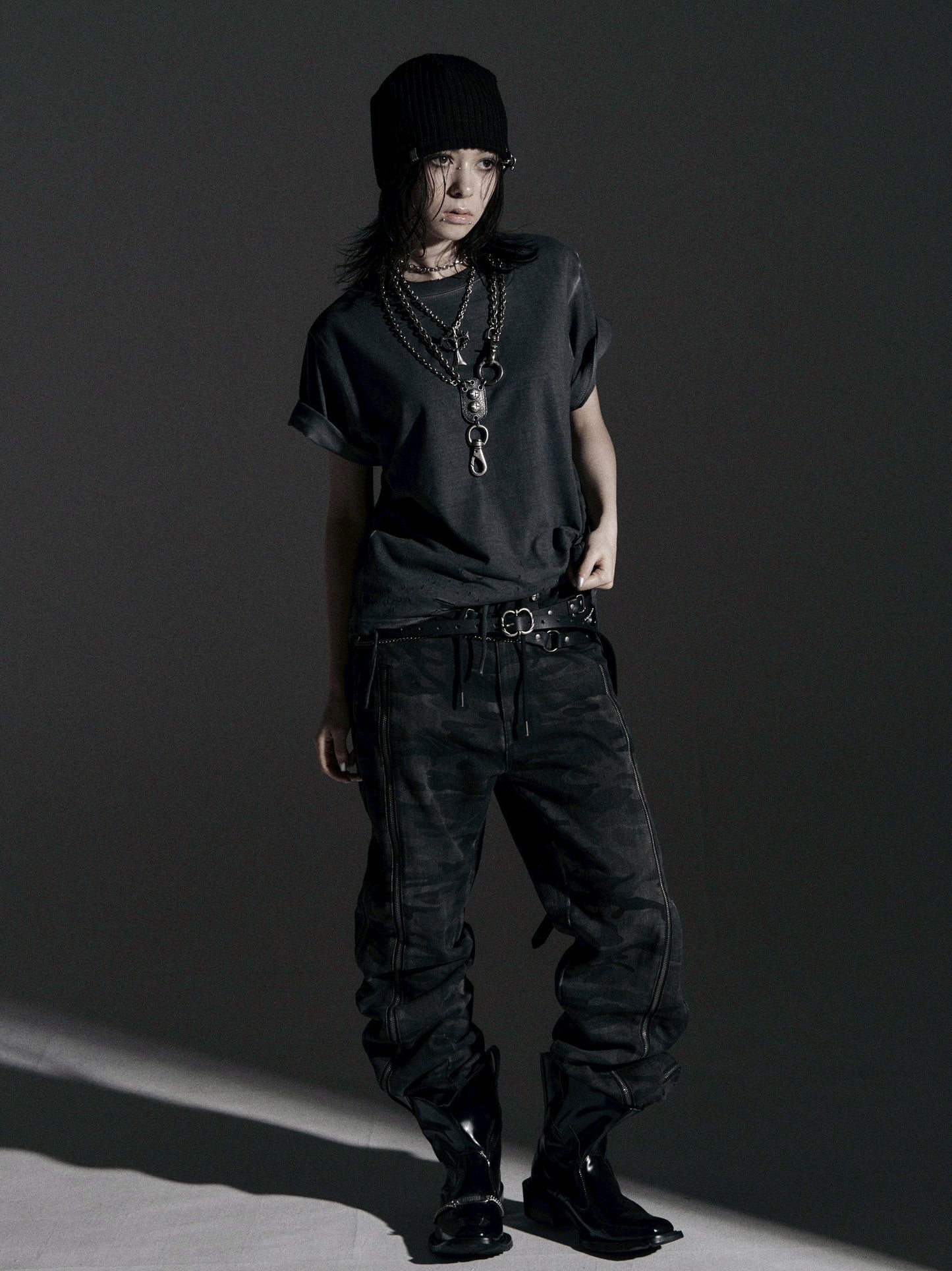 【ROSEN KREUZ】BOXY FIT LAYERED DAMAGE TEE (Dirty gray)