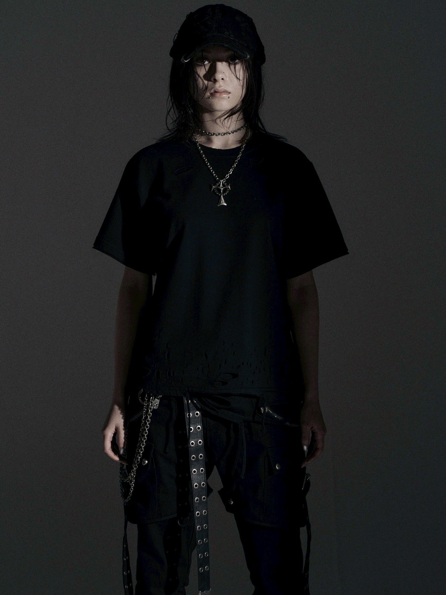 【ROSEN KREUZ】BOXY FIT LAYERED DAMAGE TEE (Black)