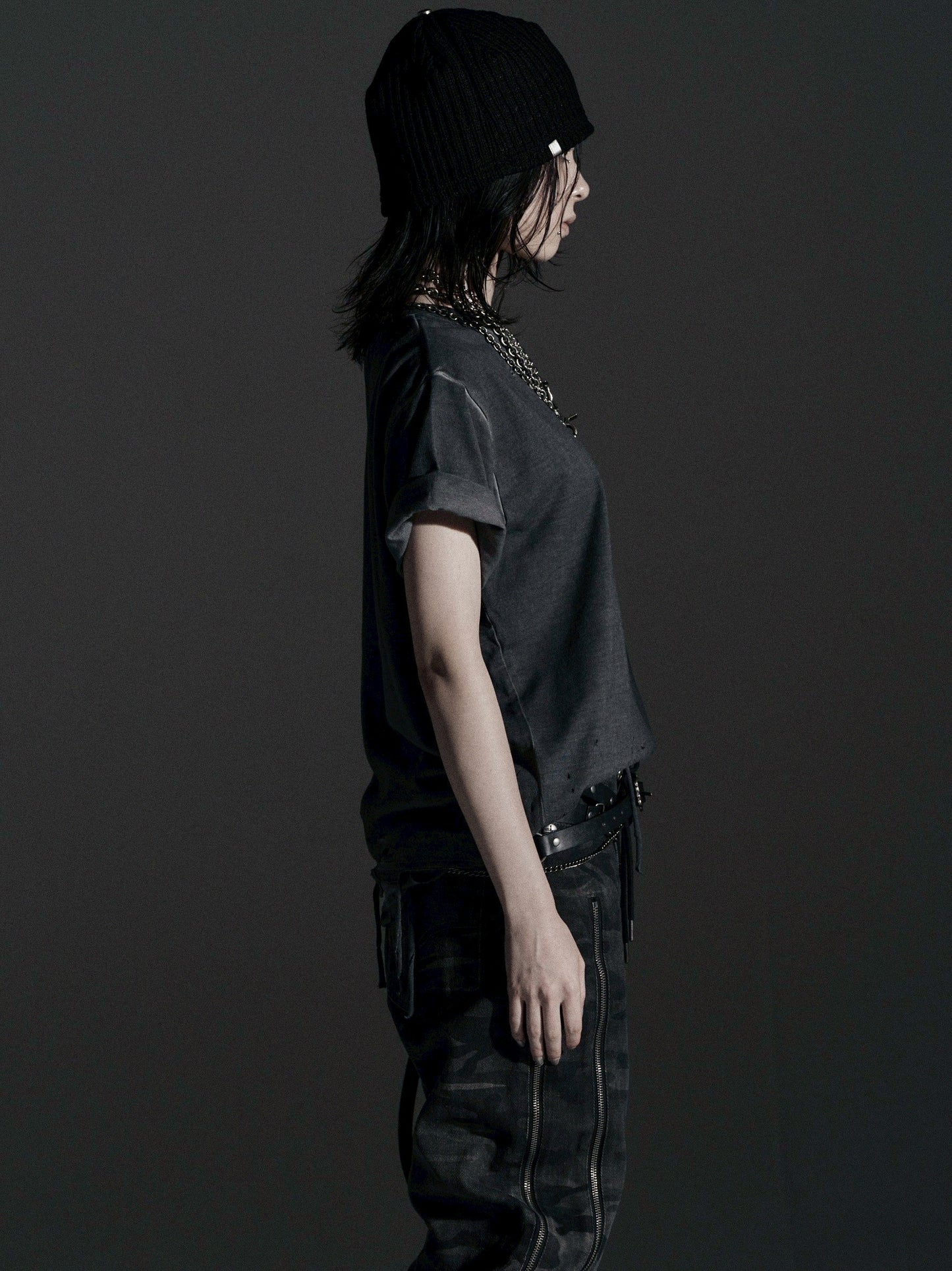 【ROSEN KREUZ】BOXY FIT LAYERED DAMAGE TEE (Dirty gray)