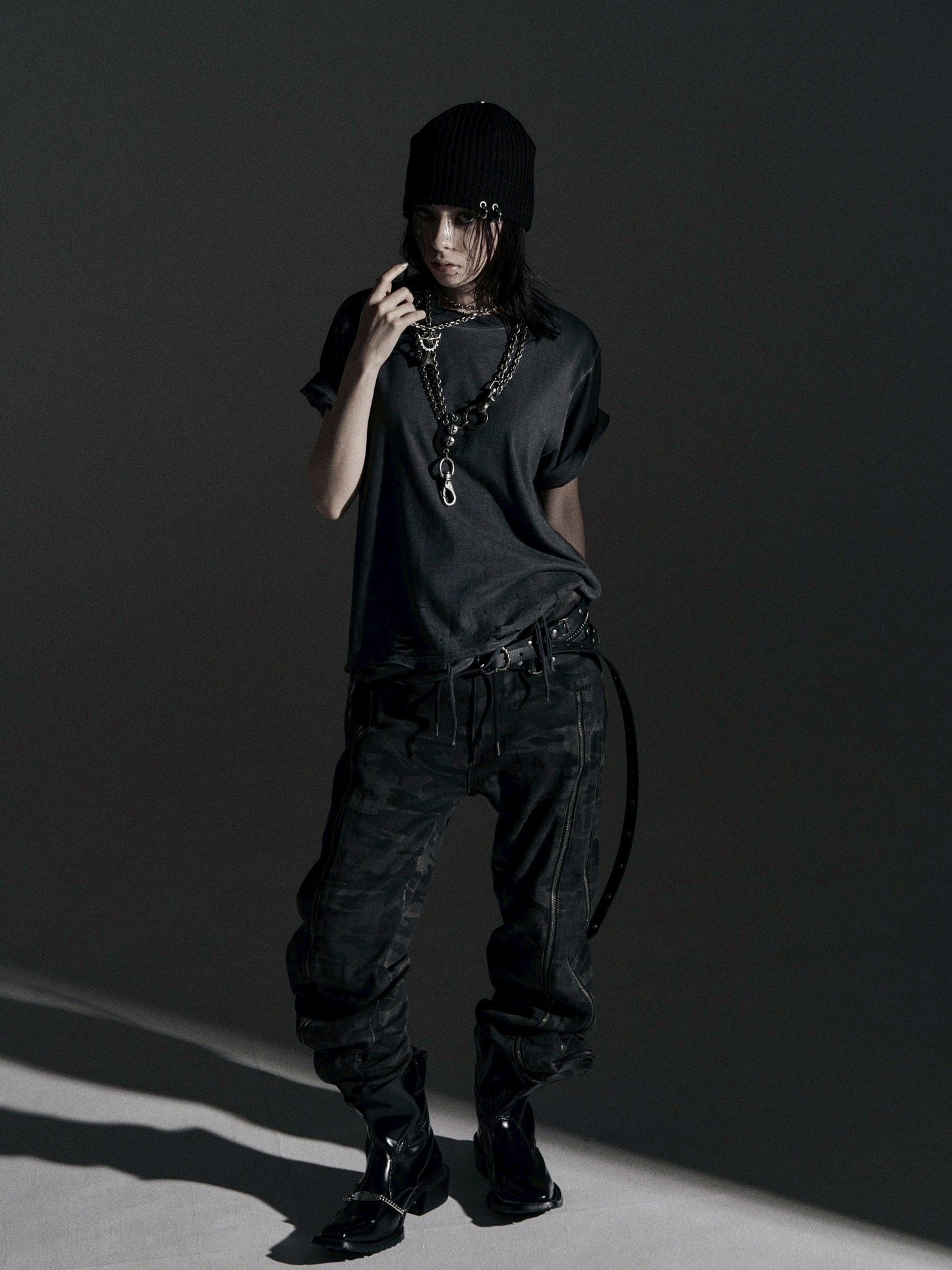 【ROSEN KREUZ】BOXY FIT LAYERED DAMAGE TEE (Dirty gray)