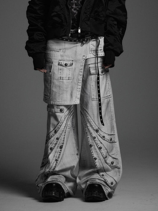 【ROSEN KREUZ】DOCKING SKIRT FLARE WIDE PANTS ( WASHED WHITE)