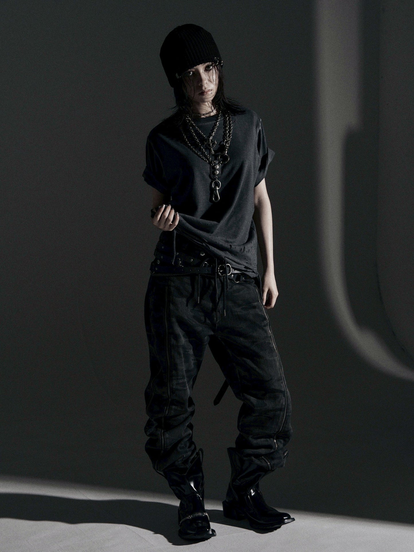 【ROSEN KREUZ】BOXY FIT LAYERED DAMAGE TEE (Dirty gray)