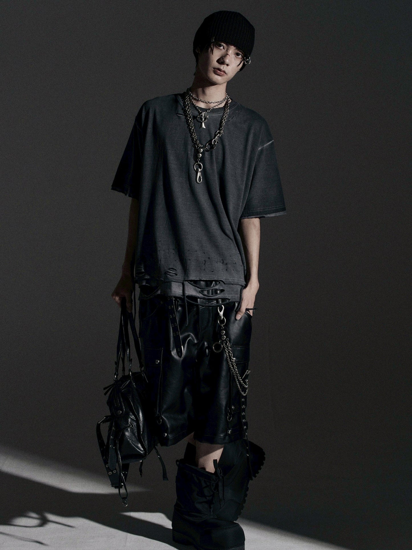 【ROSEN KREUZ】BOXY FIT LAYERED DAMAGE TEE (Dirty gray)