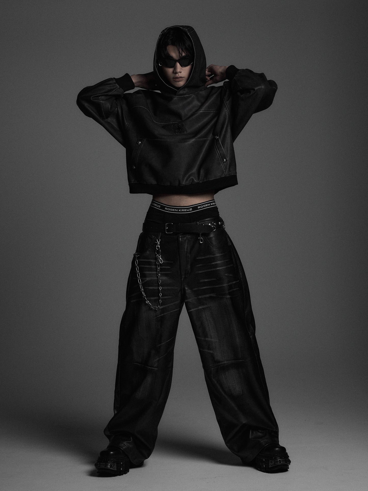 【ROSEN KREUZ】VINTAGE LEATHER SHIRRING HOODIE (WASHED GRAY)