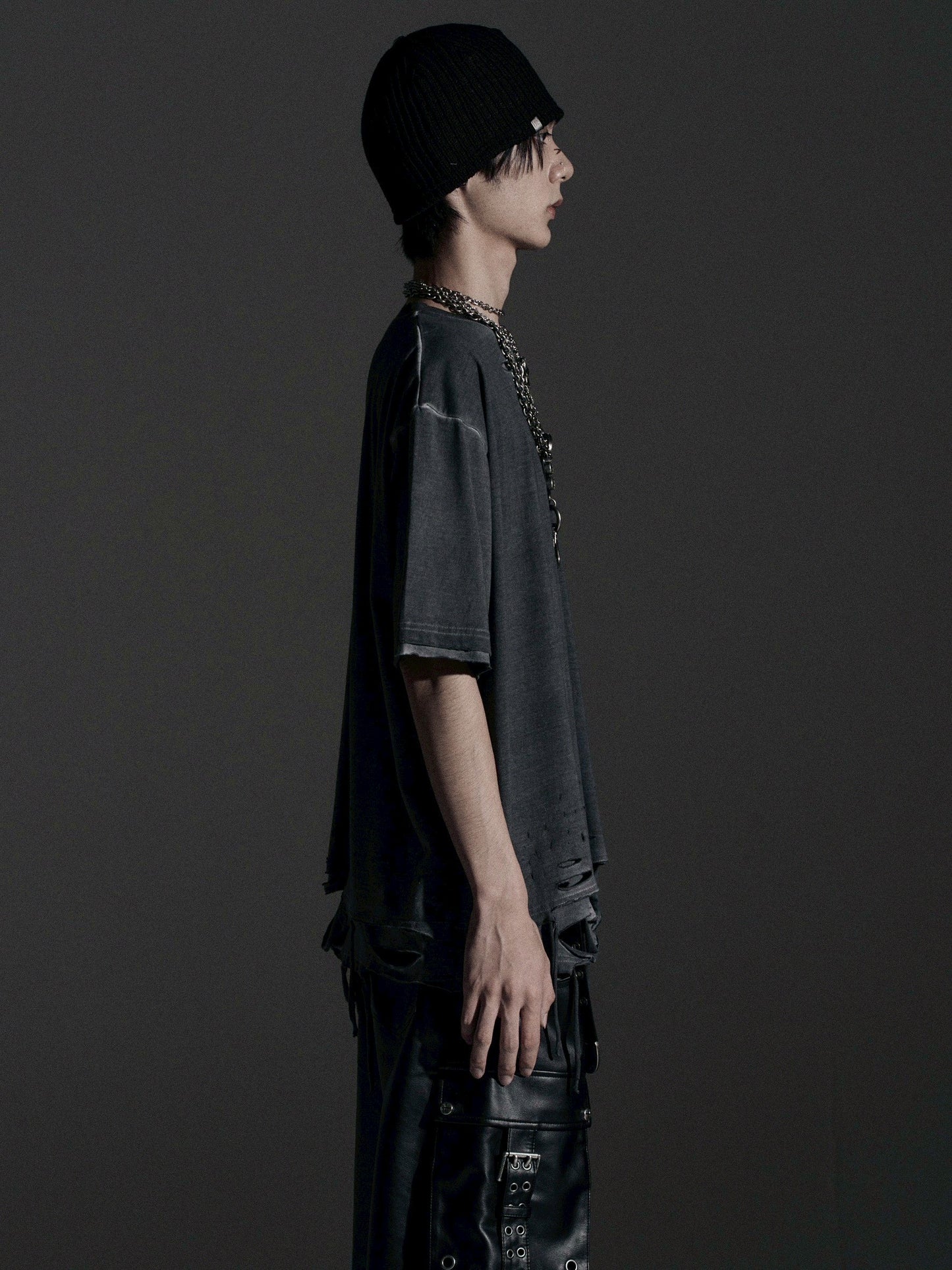 【ROSEN KREUZ】BOXY FIT LAYERED DAMAGE TEE (Dirty gray)