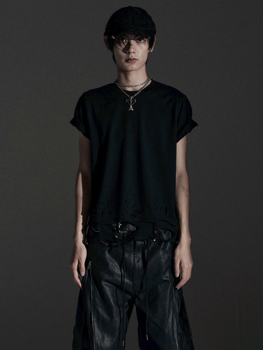 【ROSEN KREUZ】BOXY FIT LAYERED DAMAGE TEE (Black)