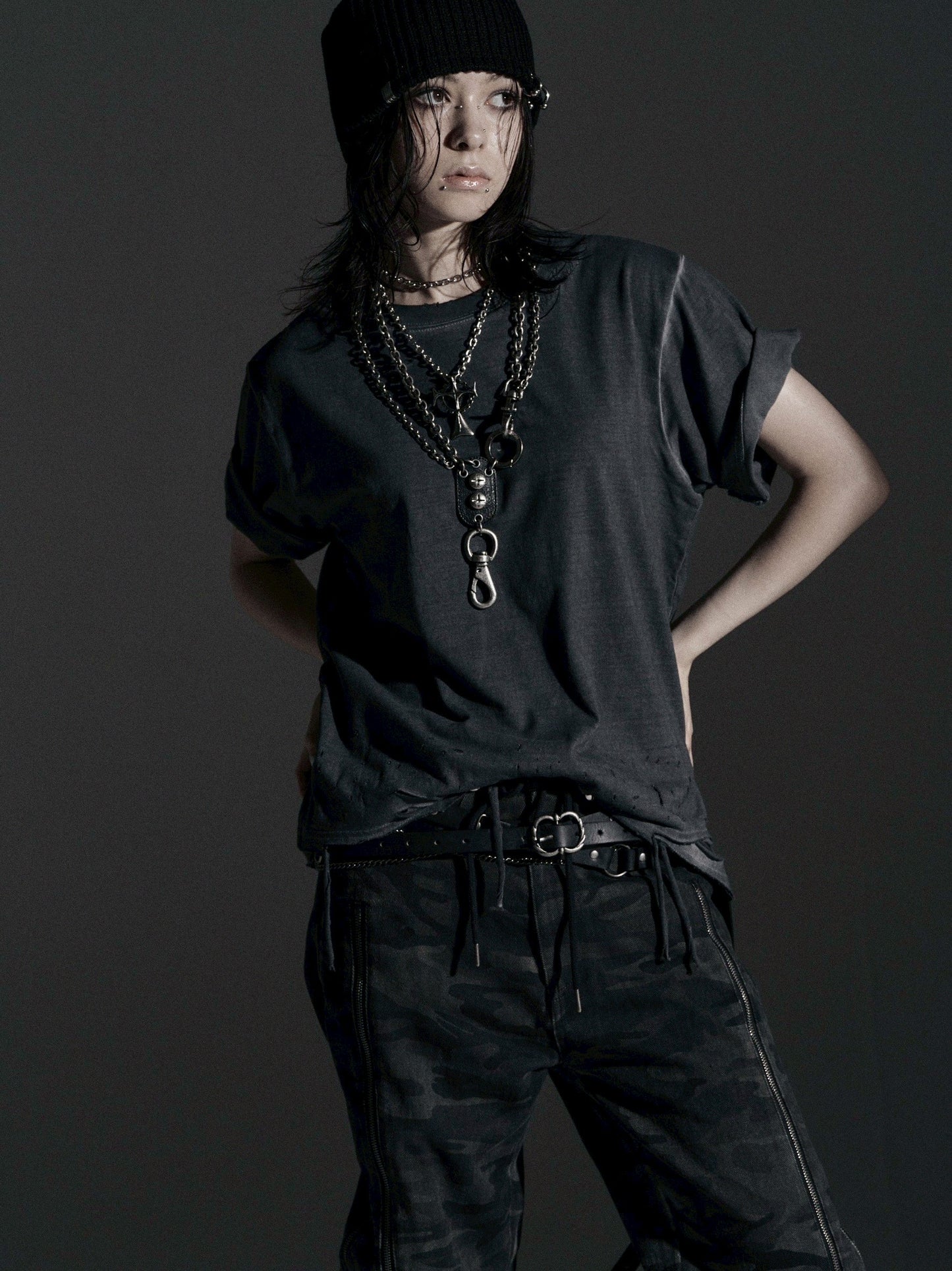 【ROSEN KREUZ】BOXY FIT LAYERED DAMAGE TEE (Dirty gray)
