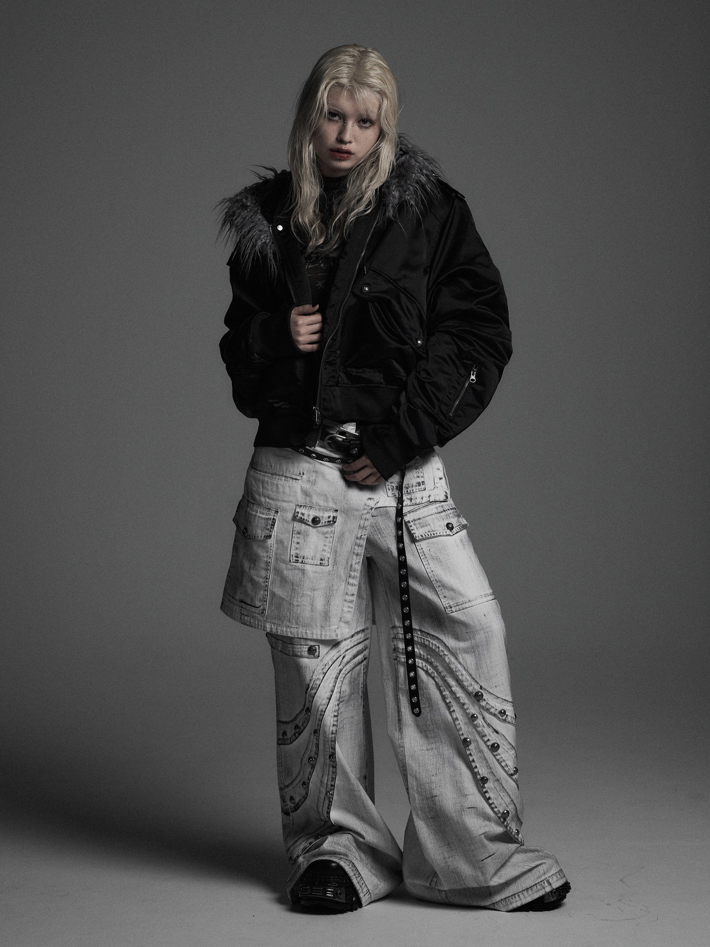【ROSEN KREUZ】DOCKING SKIRT FLARE WIDE PANTS ( WASHED WHITE)
