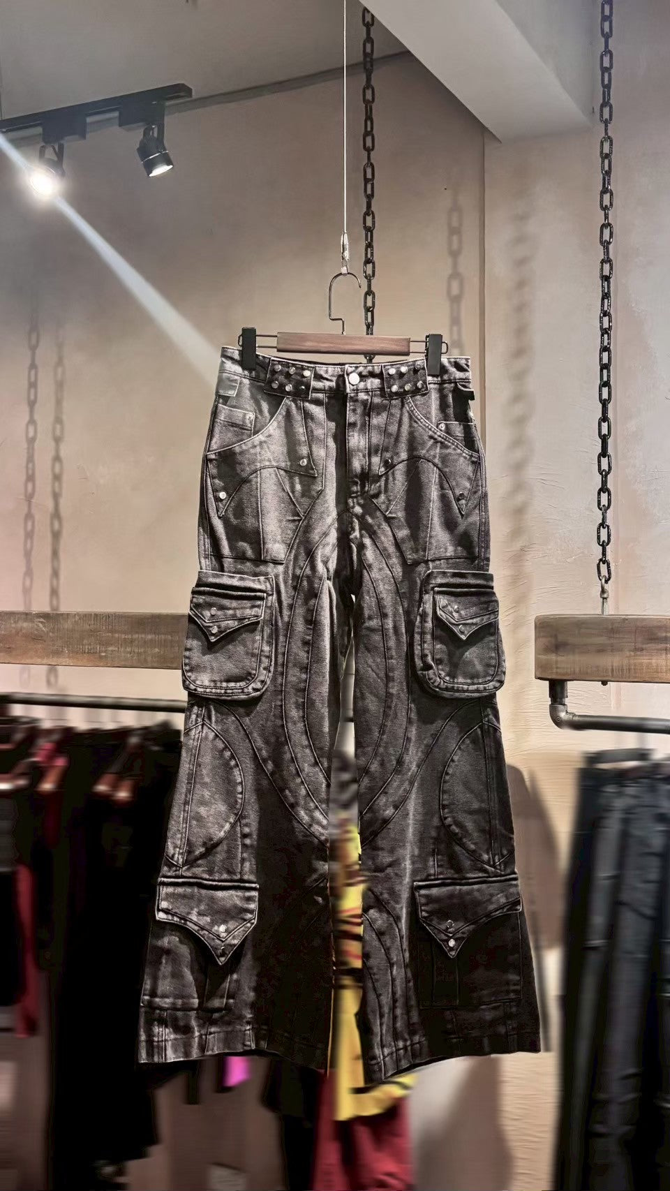 【RICH】Grey Wash Cargo Flare Pants