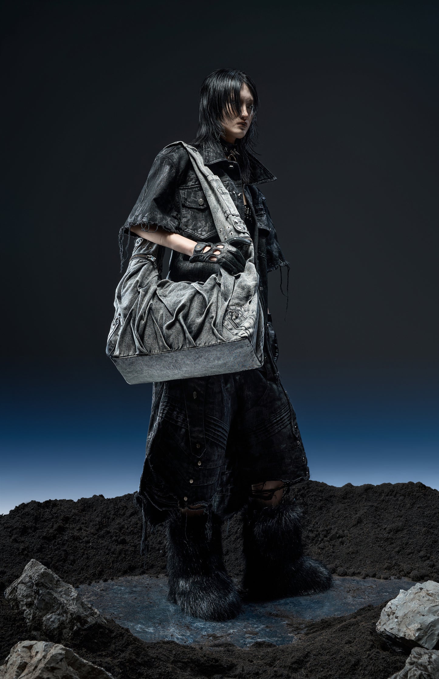 【RICH】Crinkle Bag (Denim Stone Washed/Leather)