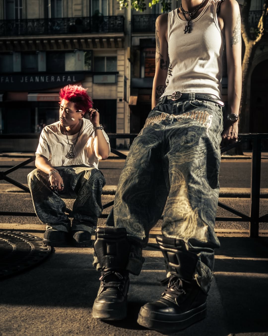【THOUGHT WE FRIENDS】"EYETHOUGHT" Embroidered Waxed Baggy Denims