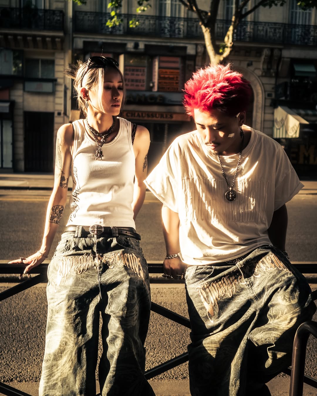 【THOUGHT WE FRIENDS】"EYETHOUGHT" Embroidered Waxed Baggy Denims