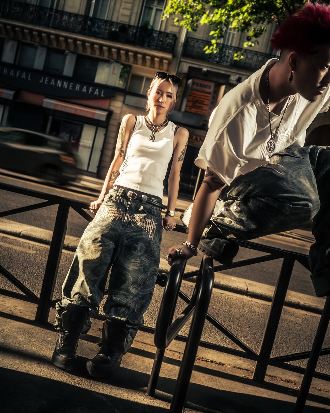 【THOUGHT WE FRIENDS】"EYETHOUGHT" Embroidered Waxed Baggy Denims
