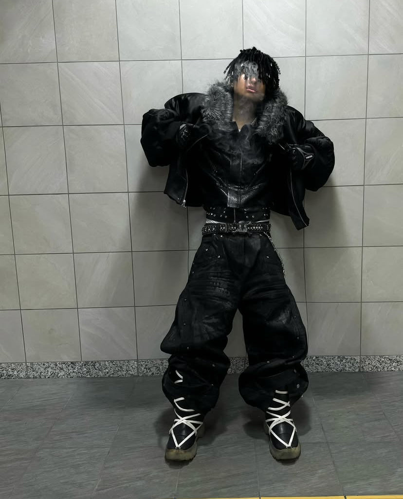【RICH】Black Waxed S-Wide Pants