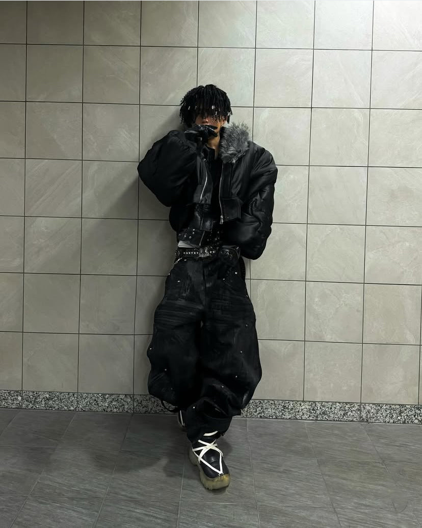 【RICH】Black Waxed S-Wide Pants