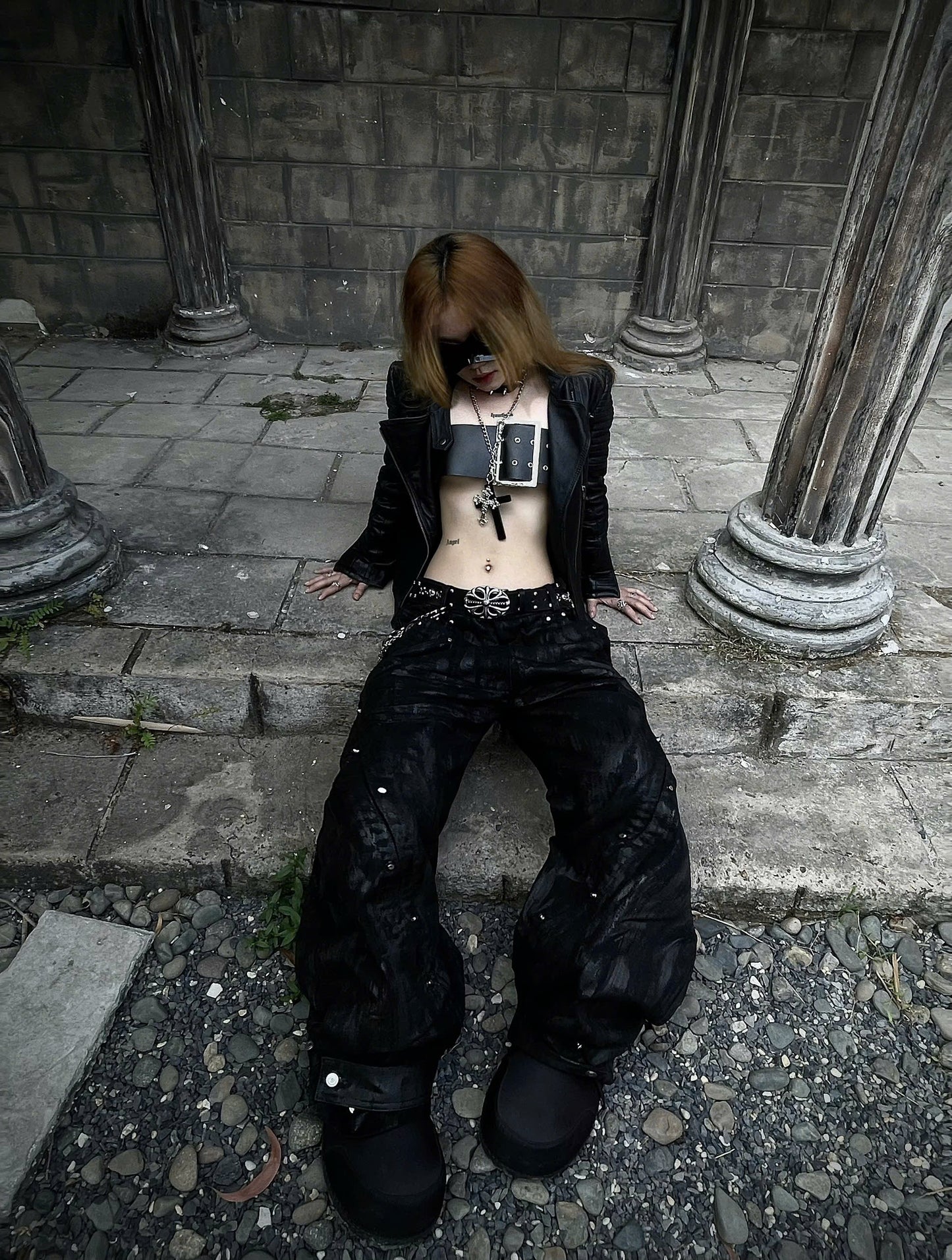 【RICH】Black Waxed S-Wide Pants