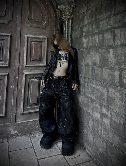 【RICH】Black Waxed S-Wide Pants