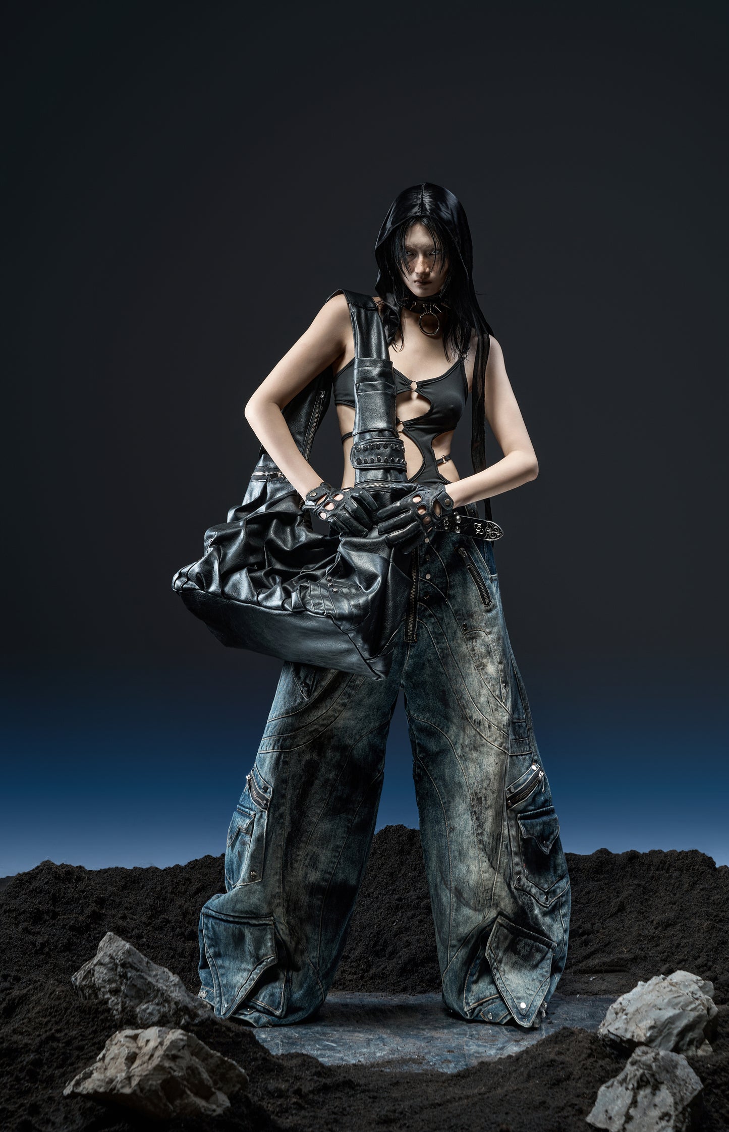 【RICH】Crinkle Bag (Denim Stone Washed/Leather)